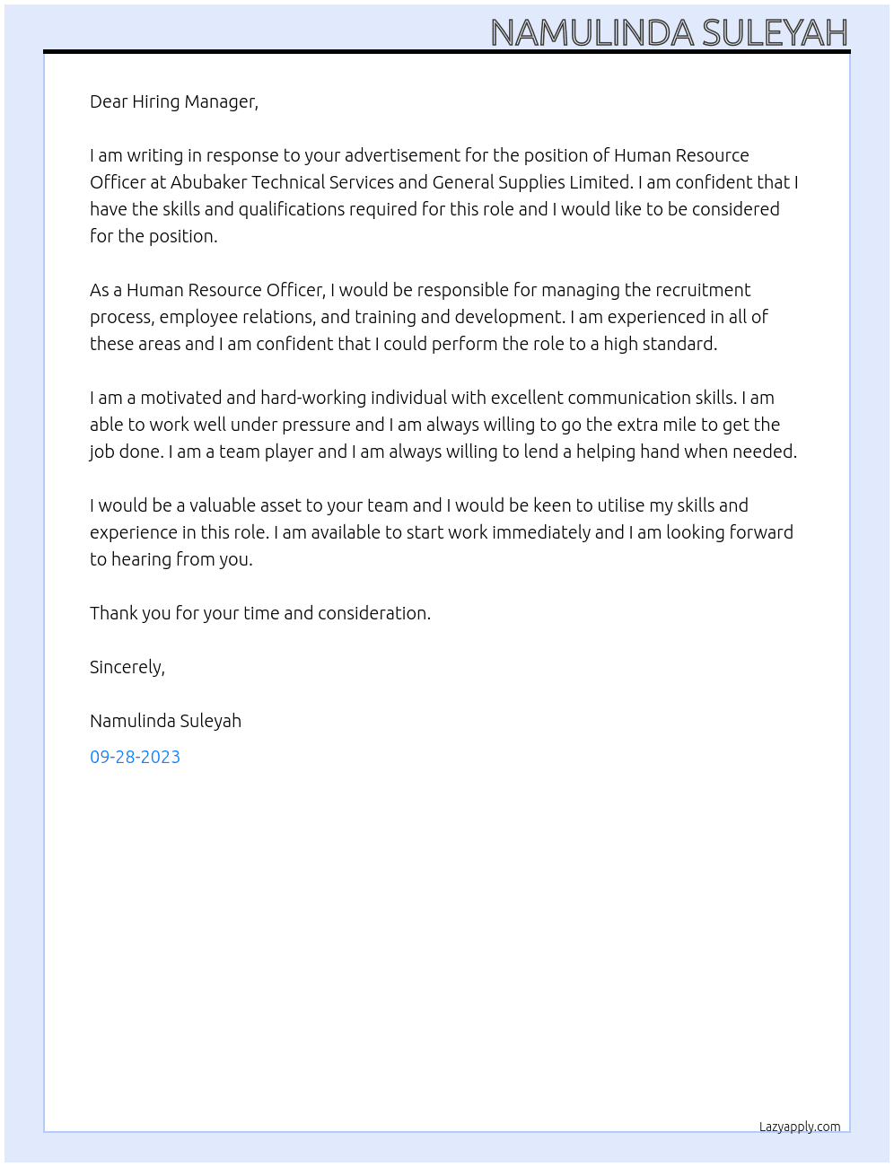 Human Resource Officer At Abubaker Technical Services and General Supplies Limited Cover Letter