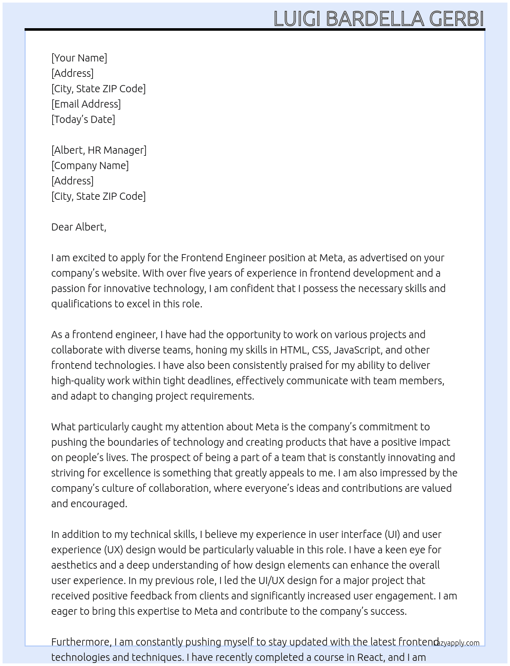 Frontend Engineer At Meta Cover Letter