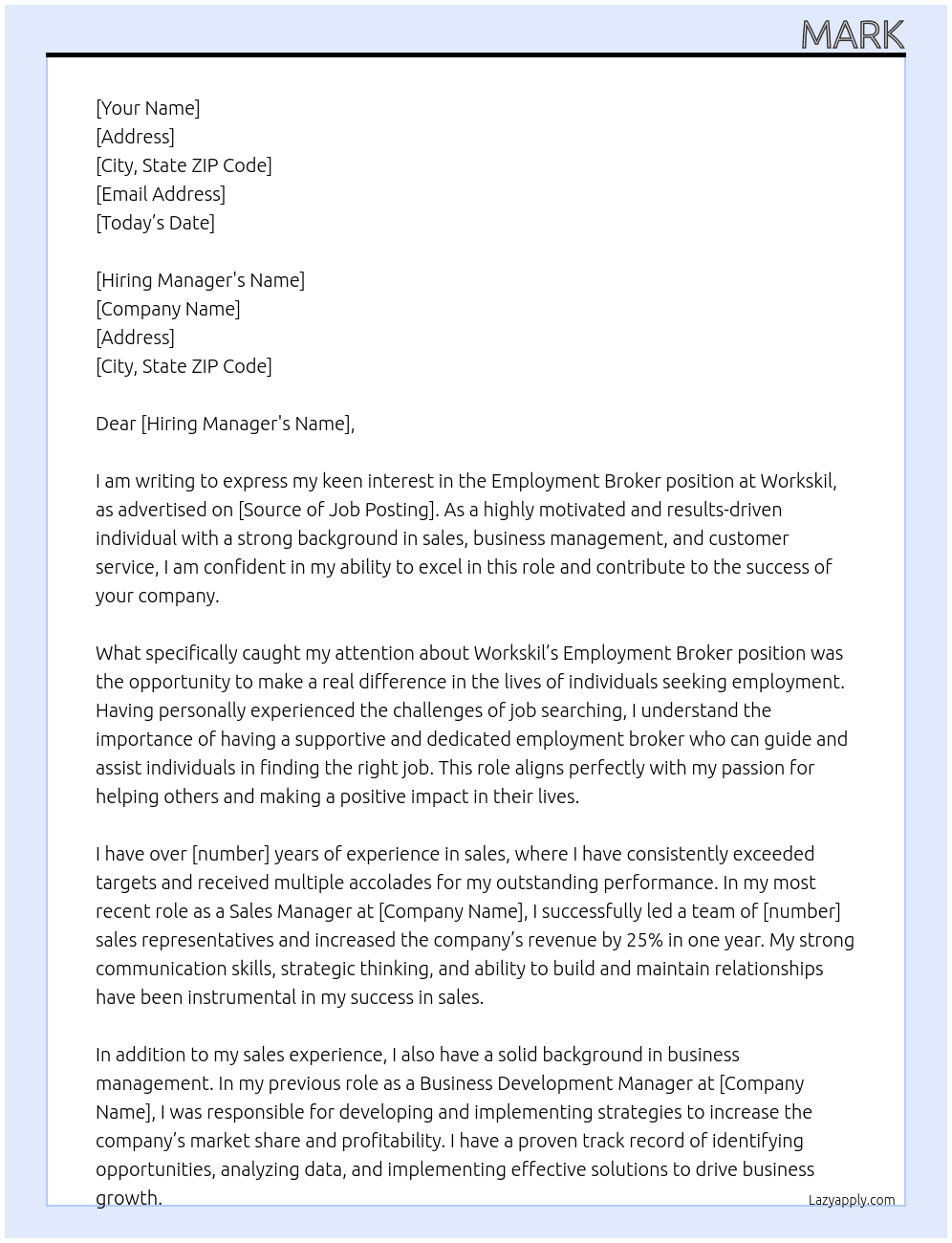 Employment Broker At Workskil Cover Letter