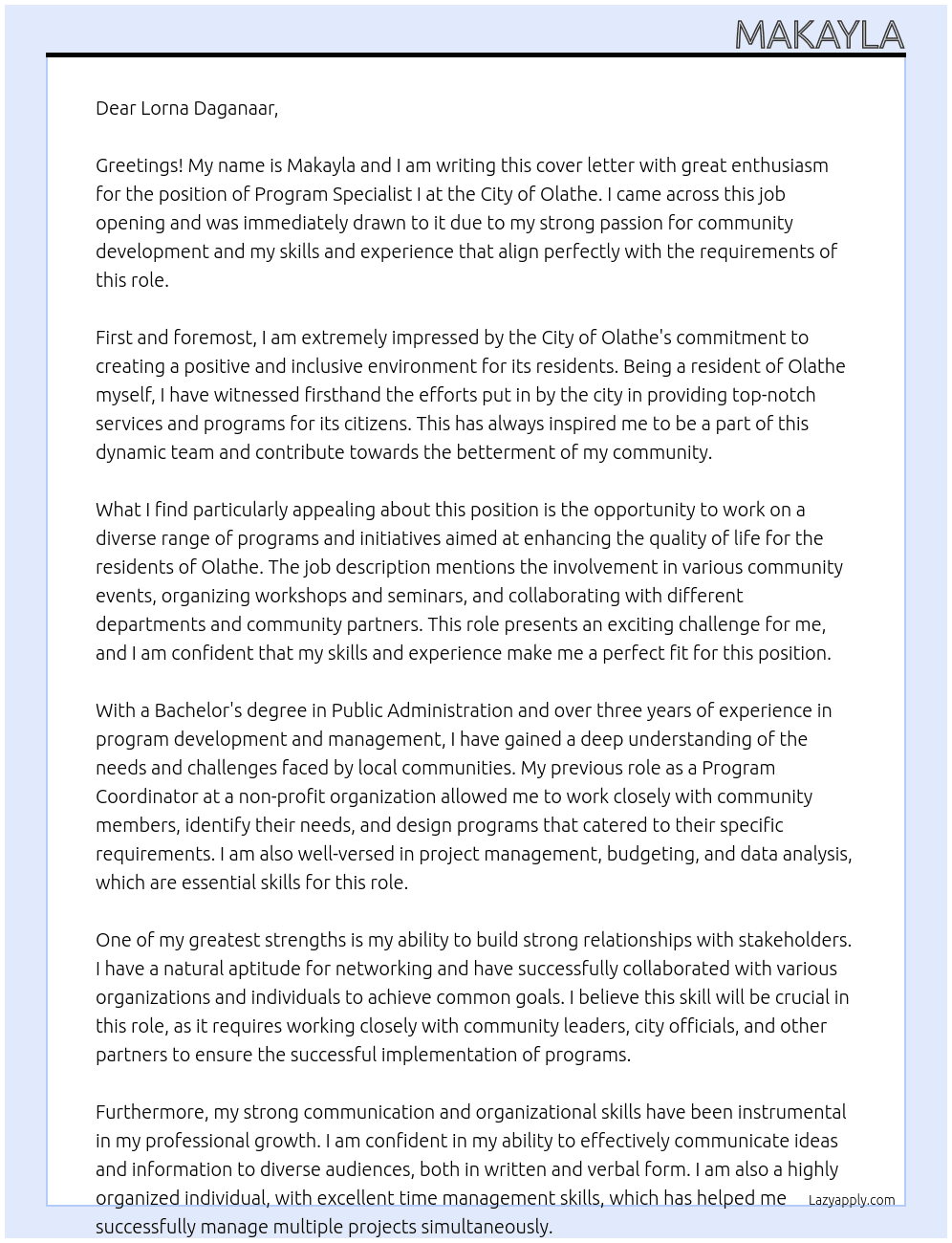Program Specialist I At City of Olathe Cover Letter