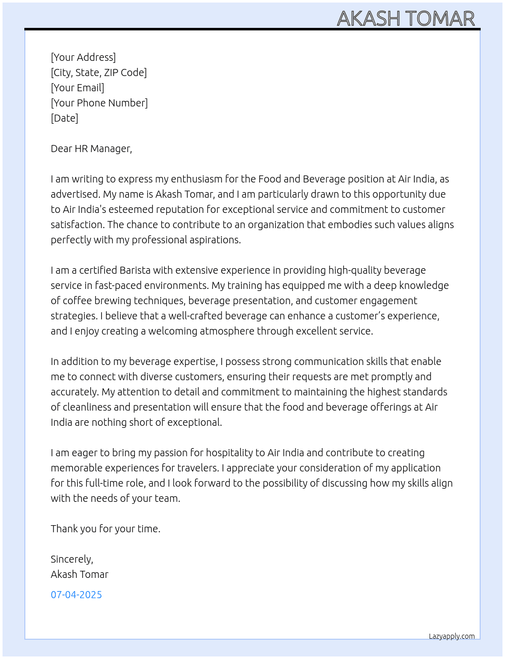 Food and beverage  At Air india  Cover Letter