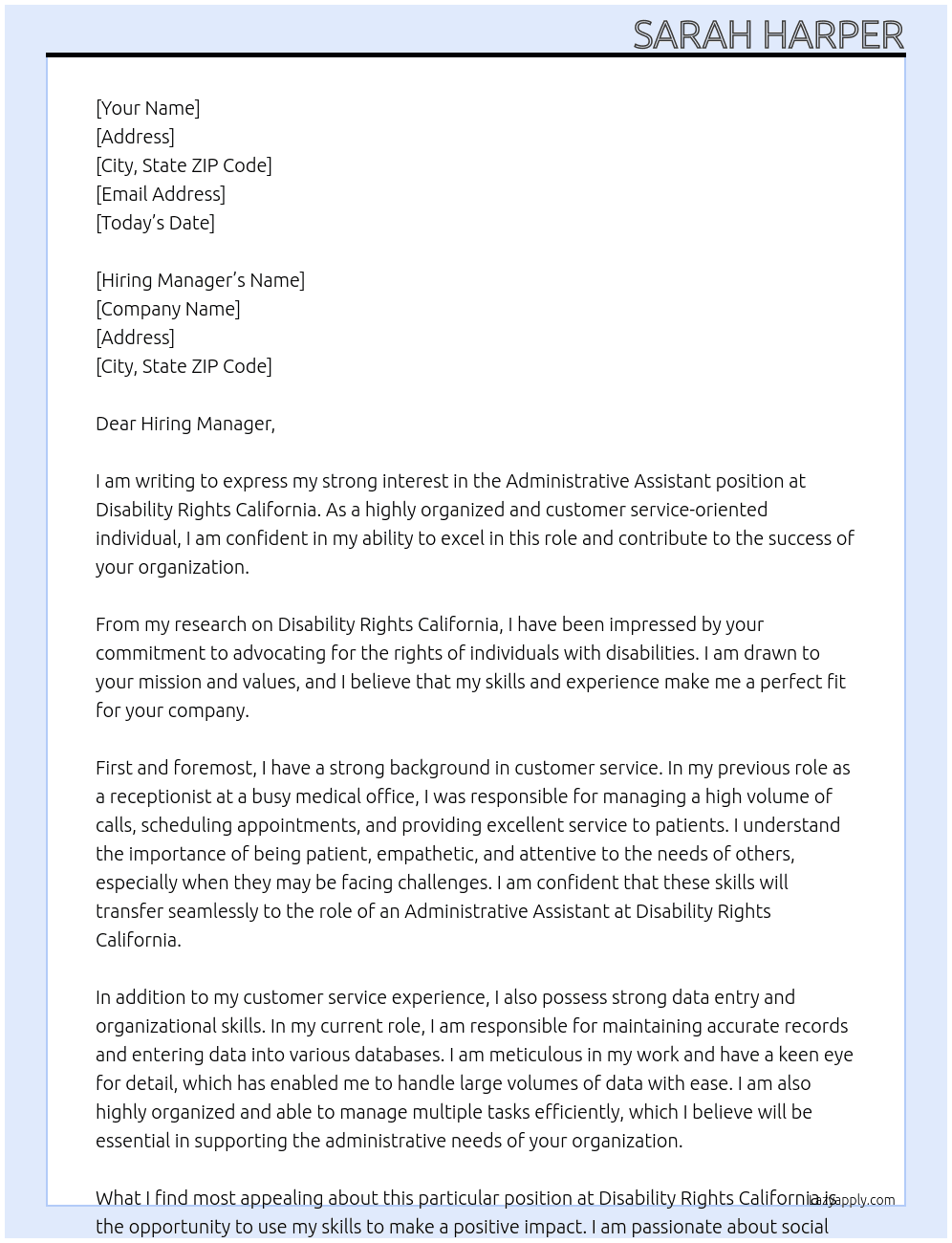 Administrative Assistant  At Disability Rights California  Cover Letter