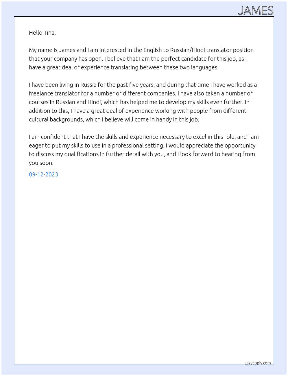 English to Russian/Hindi translator   At Tina Cover Letter