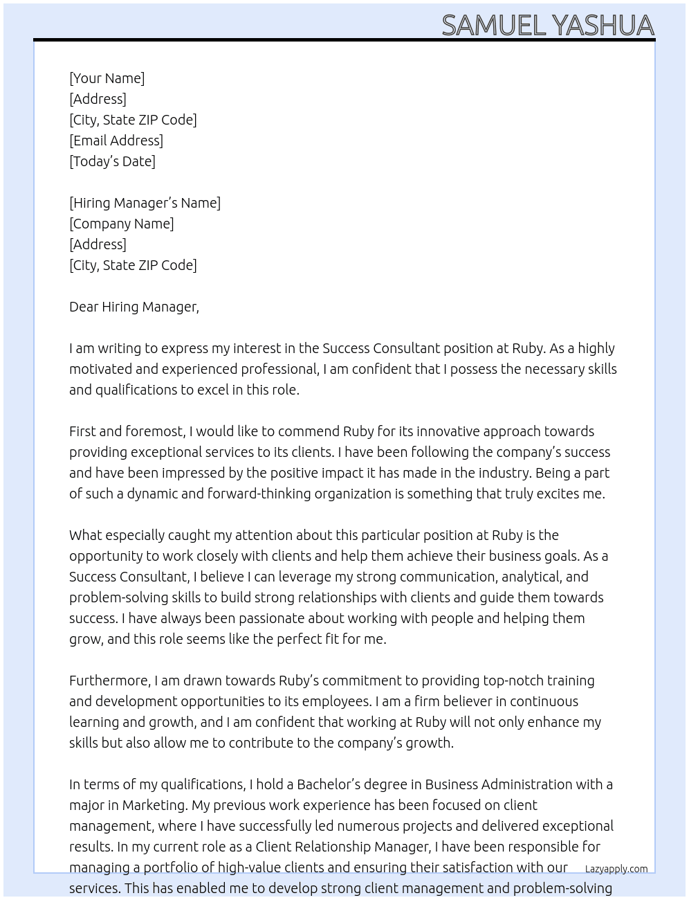 Success Consultant At Ruby Cover Letter