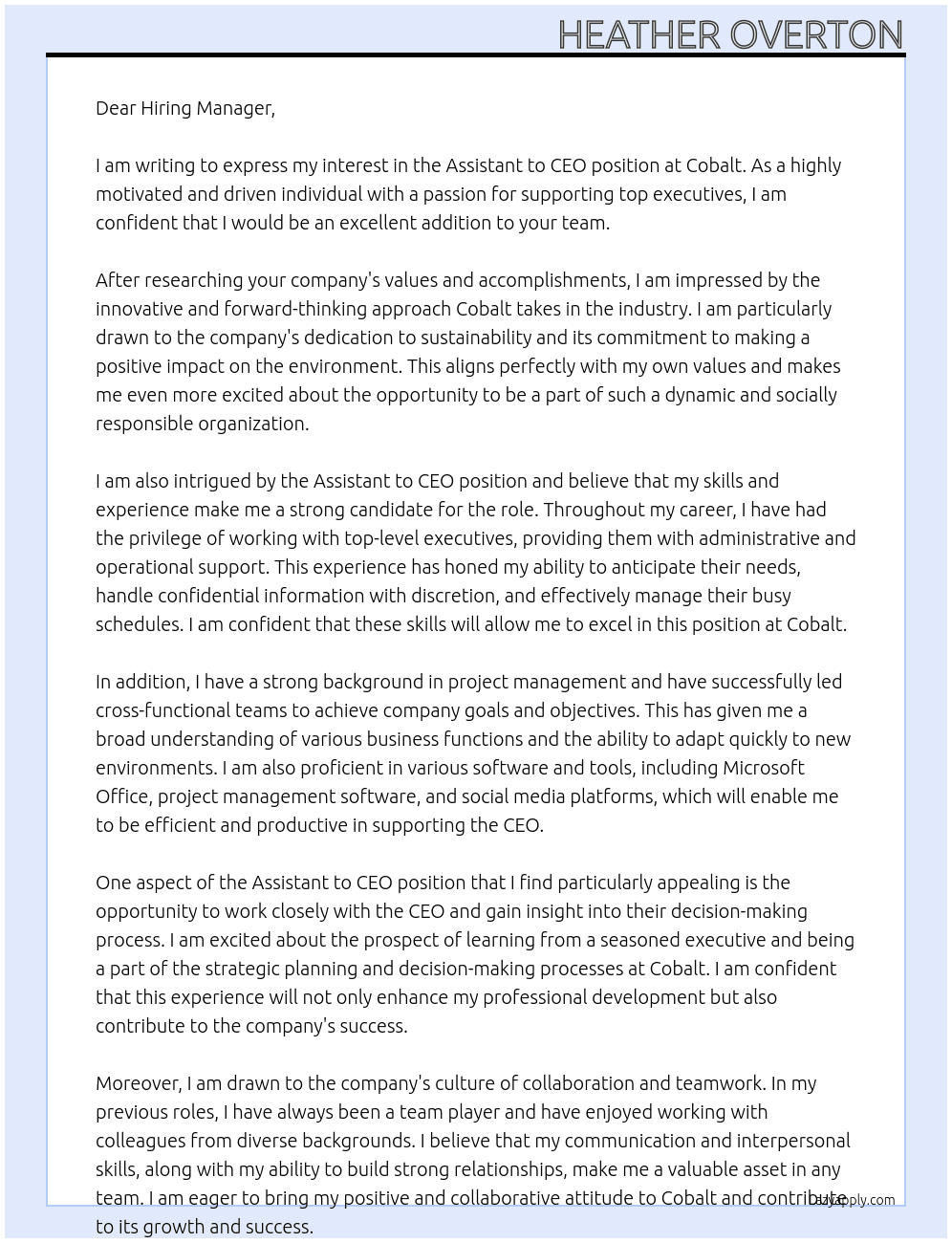Assistant to CEO At cobalt Cover Letter