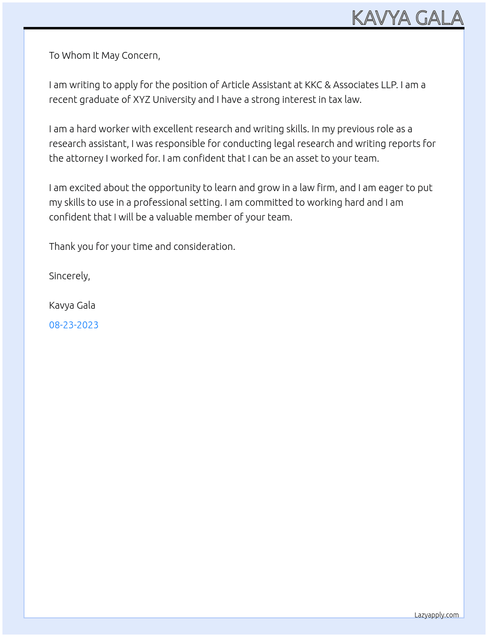Article Assistant  At KKC & Associates LLP Cover Letter