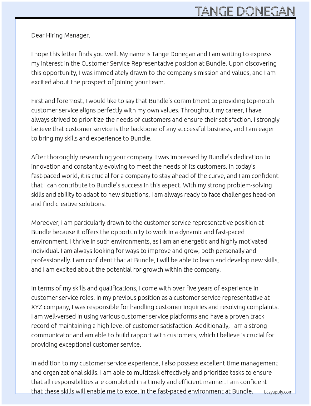 Customer service representative  At Bundle Cover Letter