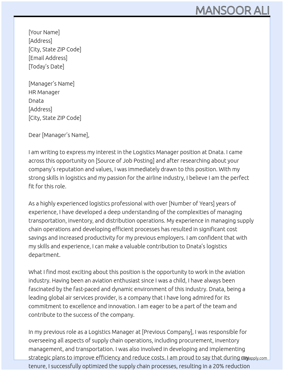 Logistics  At Dnata Cover Letter