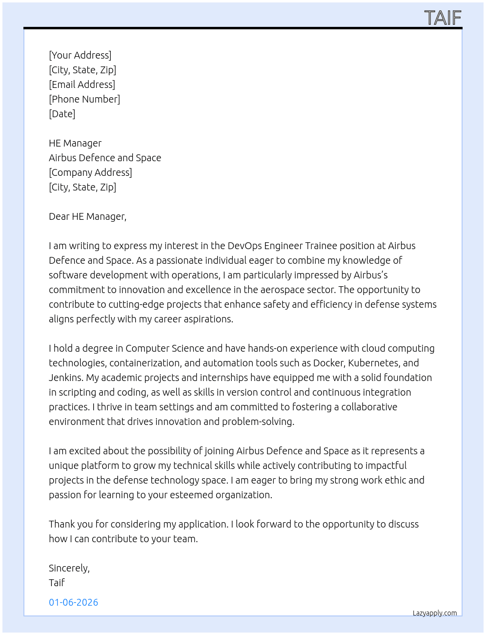 DevOps Engineer Trainee At  Airbus Defence and Space Cover Letter