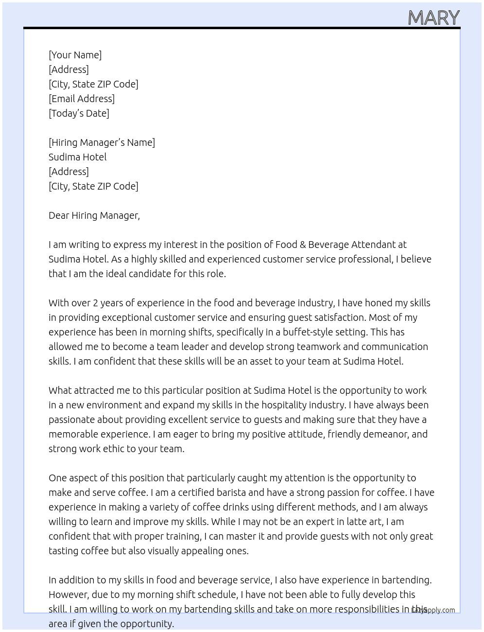 Food & Beverage Attendant At Sudima Hotel Cover Letter