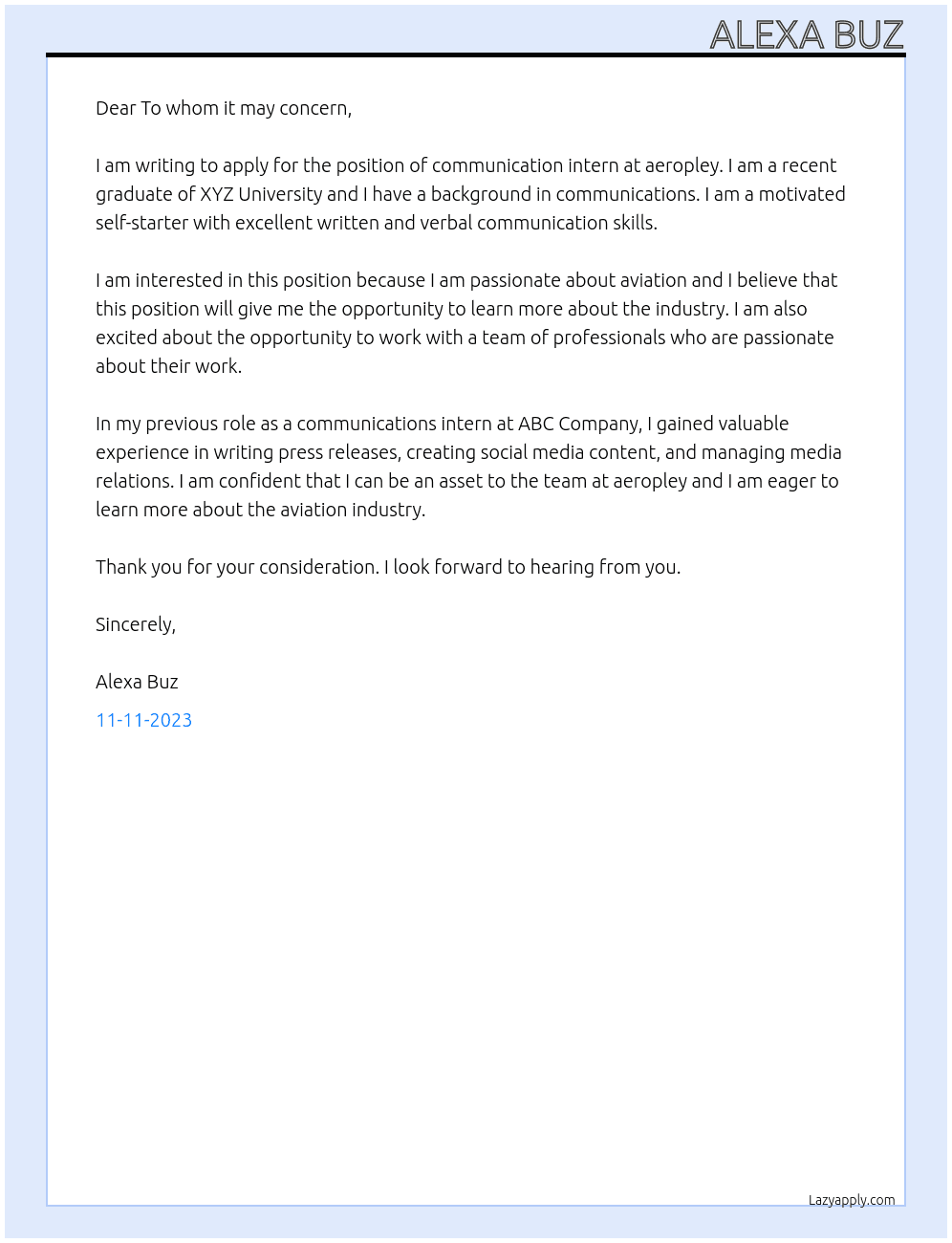 communication intern At aeropley Cover Letter