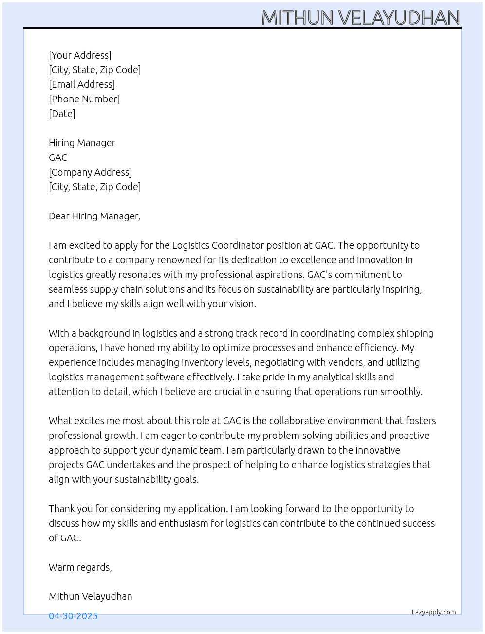 LOGISTICS COORDINATOR At GAC Cover Letter