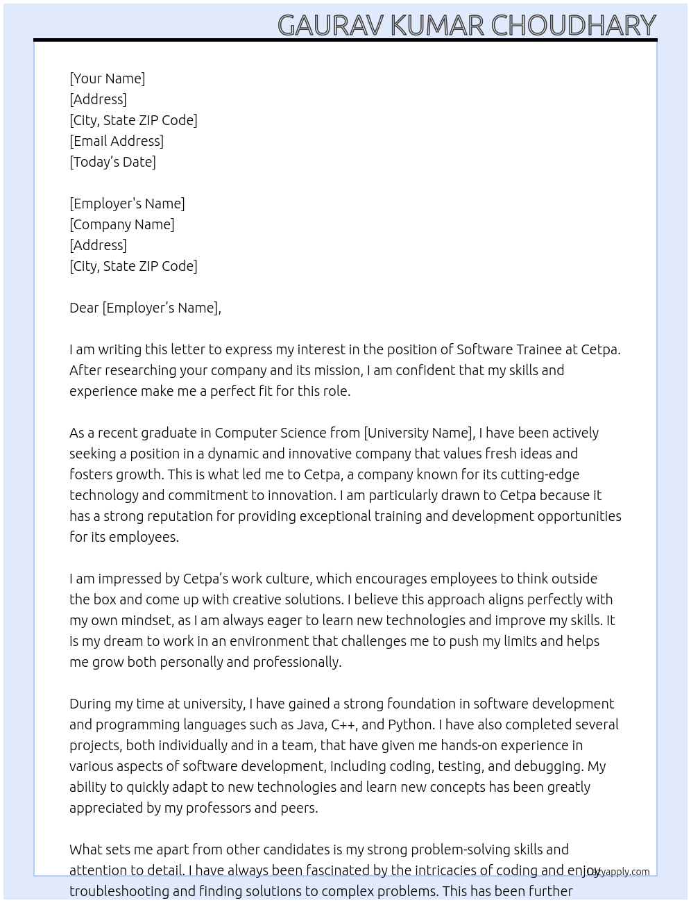 software trainee At Cetpa Cover Letter