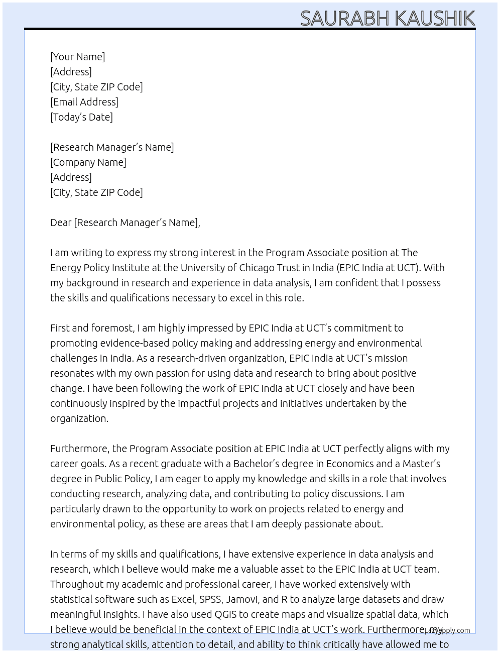 Program Associate  At The Energy Policy Institute at the University of Chicago Trust in India (EPIC India at UCT)  Cover Letter
