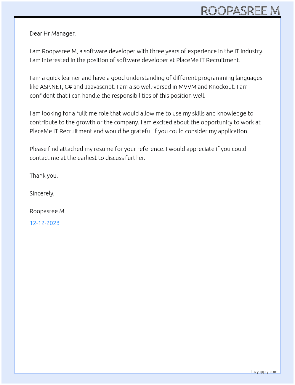 Software Developer At placeMe IT Recruitment Cover Letter