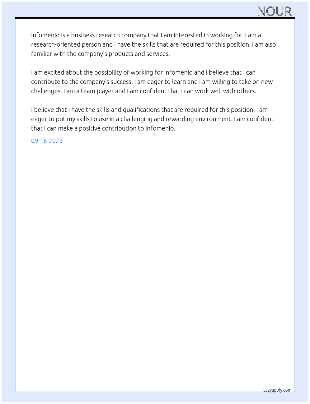 business researcher  At Infomenio Cover Letter