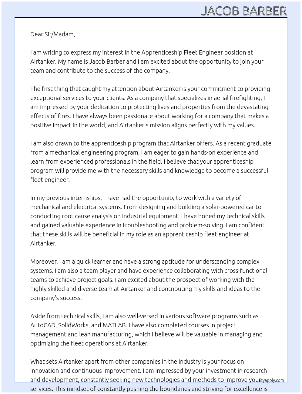 apprenticeship fleet engineer  At airtanker Cover Letter
