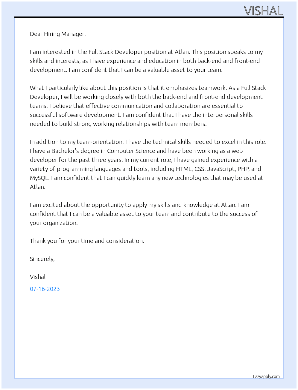 Full stack developer  At Atlan Cover Letter