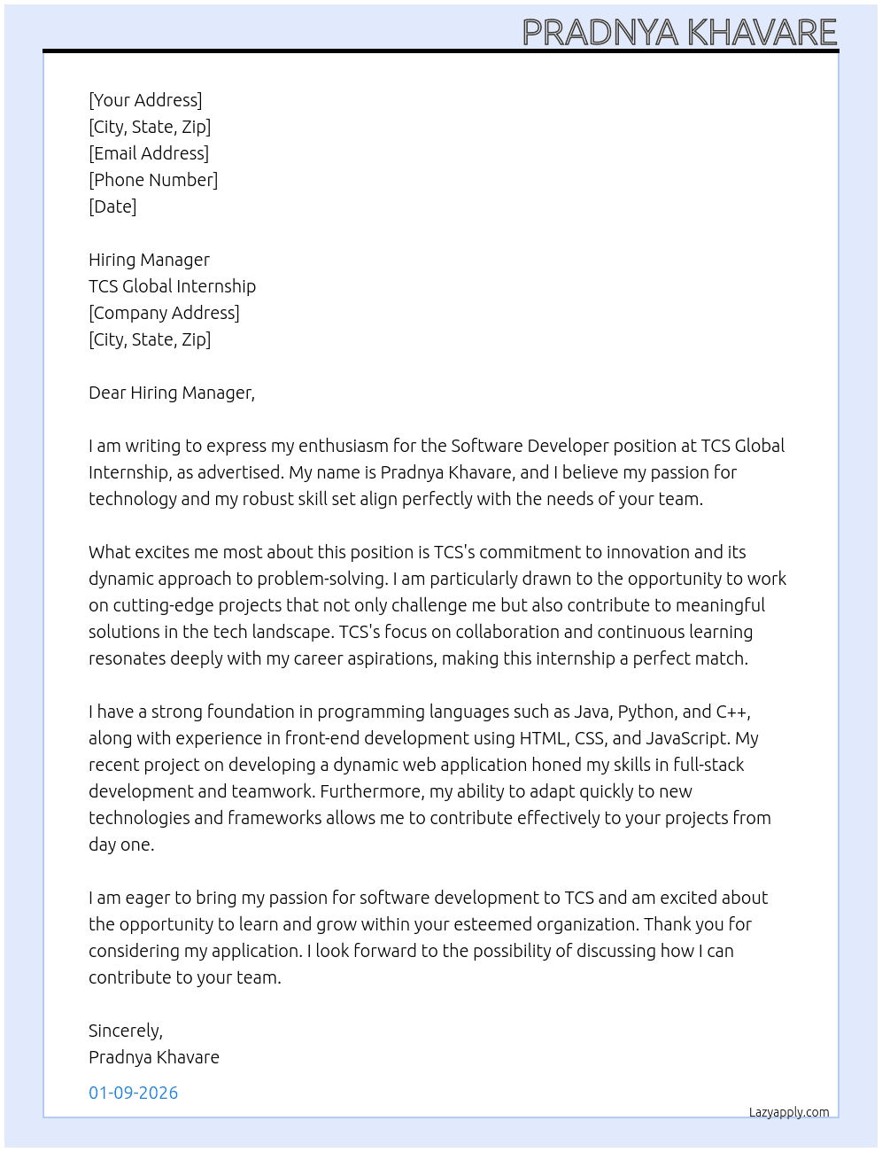 software developer At TCS global internship Cover Letter