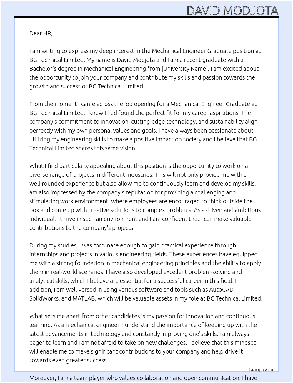 Mechanical engineer graduate At BG Technical Limited Cover Letter