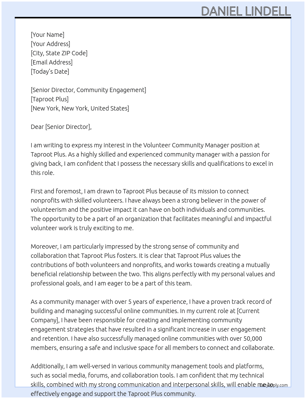 Volunteer Community Manager At Taproot Plus Cover Letter