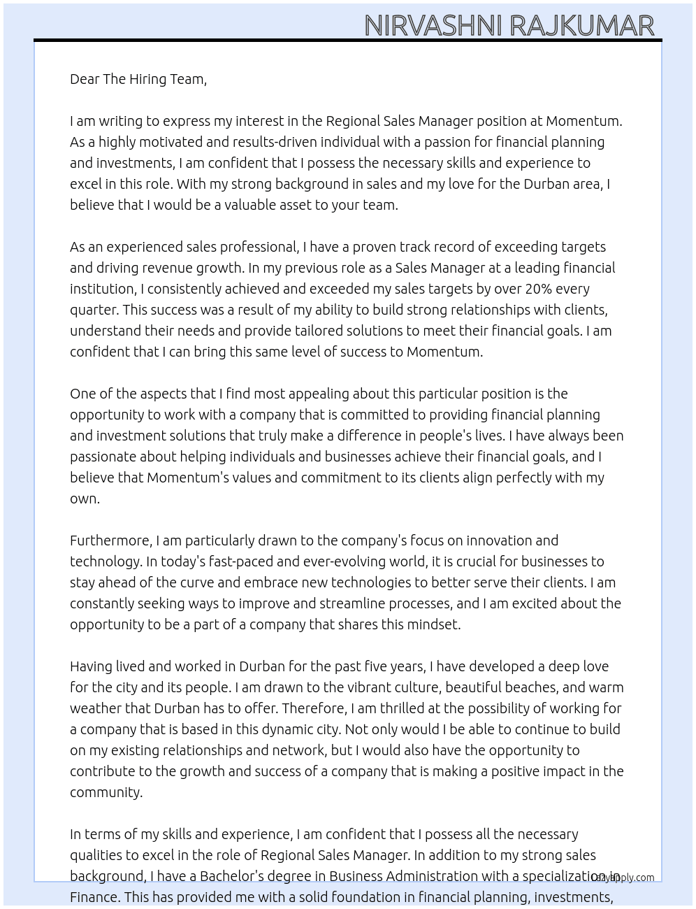 Regional Sales Manager  At Momentum  Cover Letter