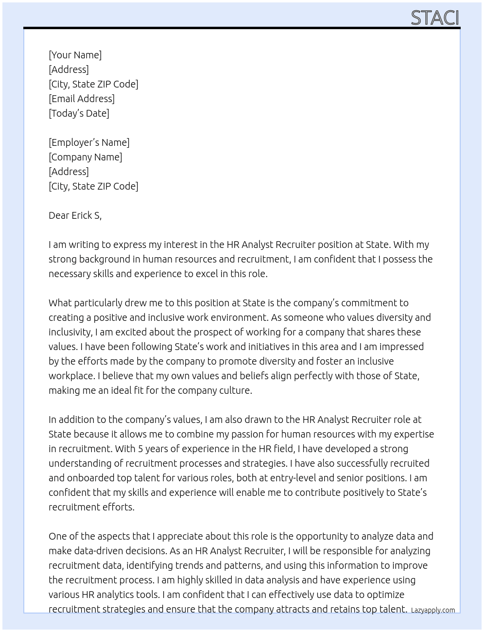 HR Analyst Recrruiter At State Cover Letter