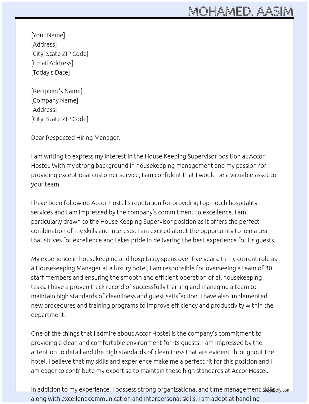 House Keeping supervisor At Accor Hostel Cover Letter