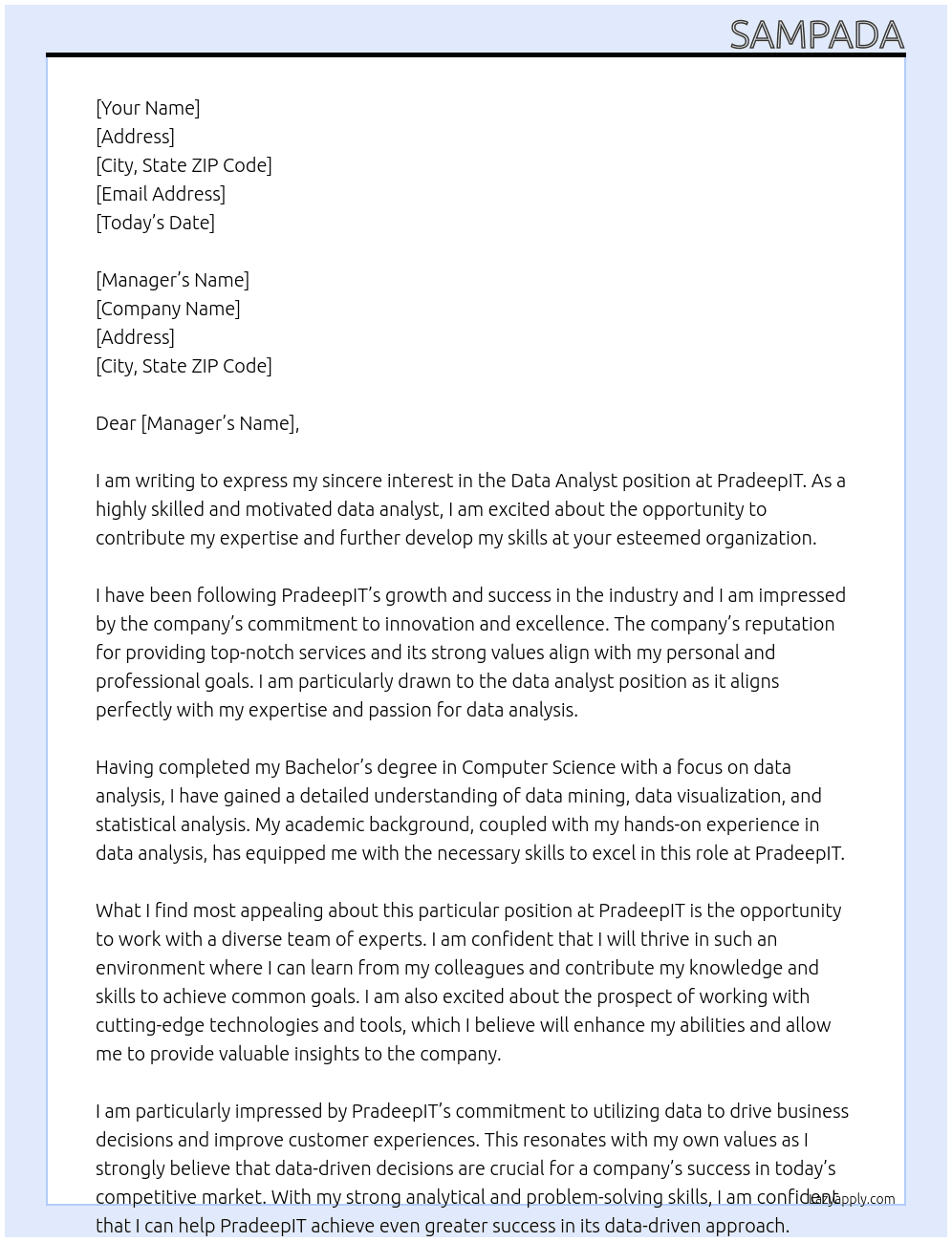 Data Analyst At PradeepIT Cover Letter
