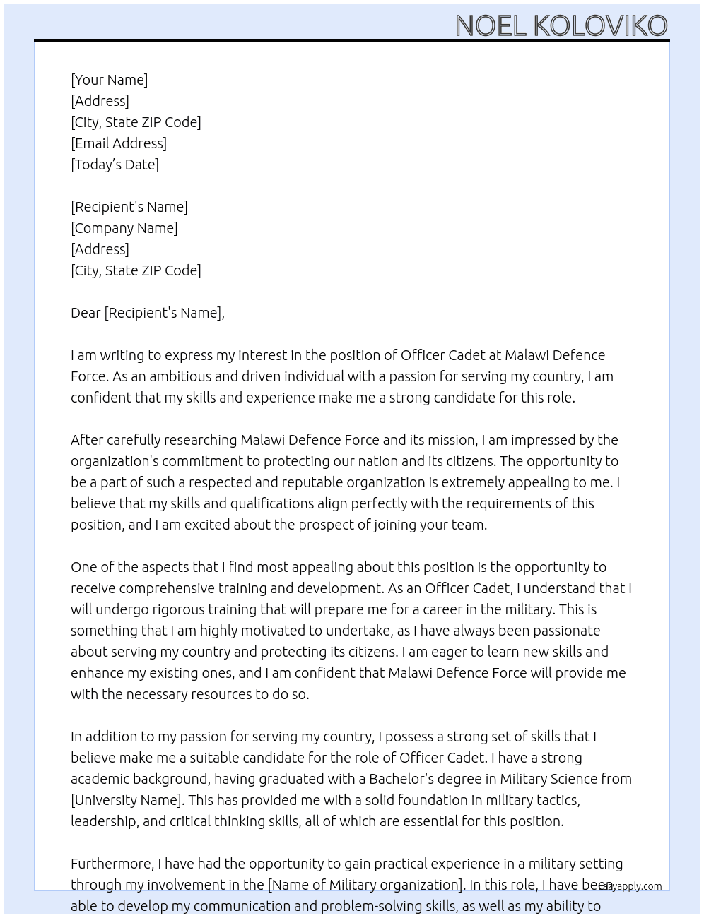 Officer Cadet At Malawi defence Force Cover Letter