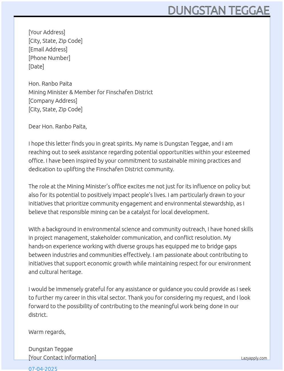 Cover letter for seeking assistance - LazyApply