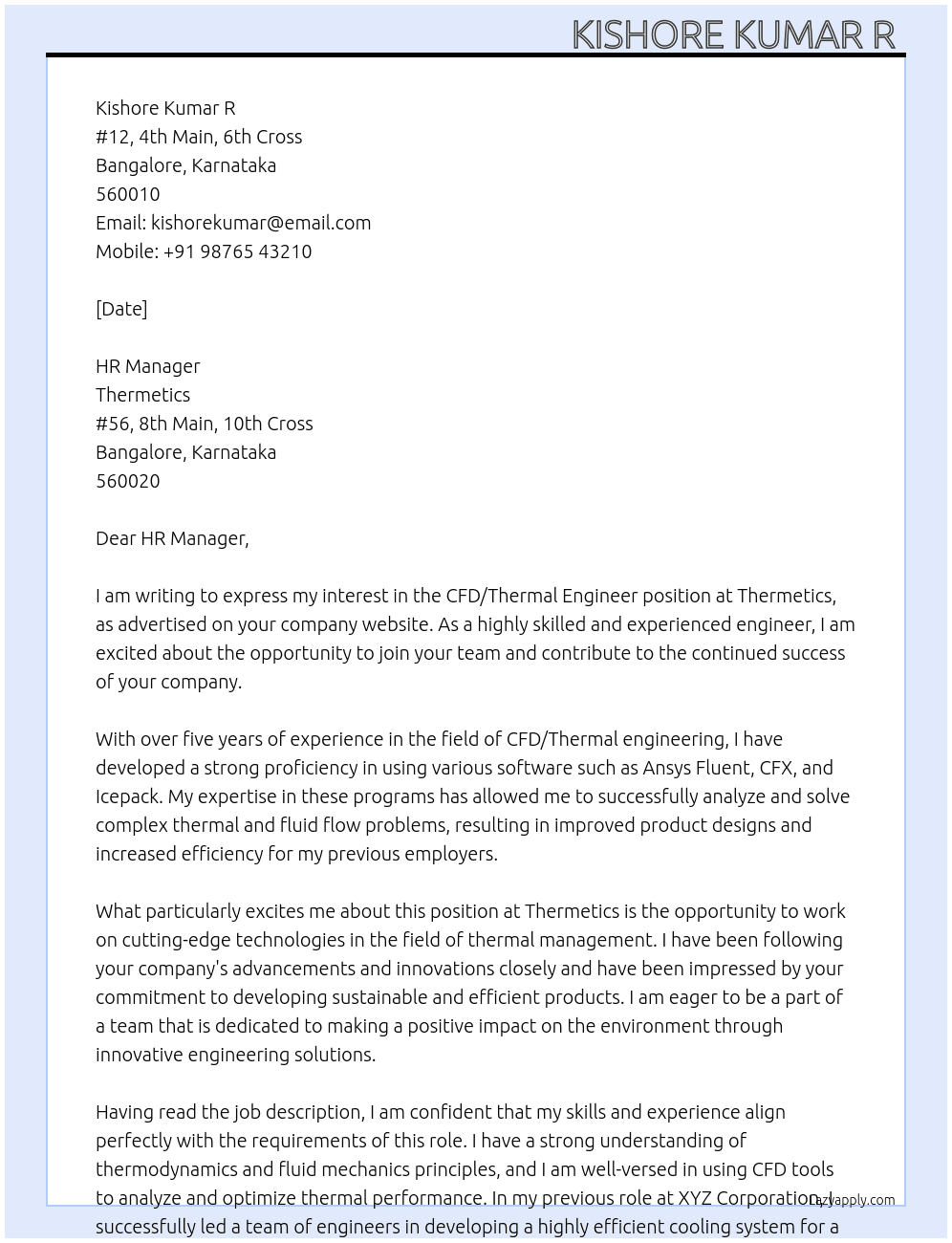 CFD/Thermal Engineer At Thermetics Cover Letter
