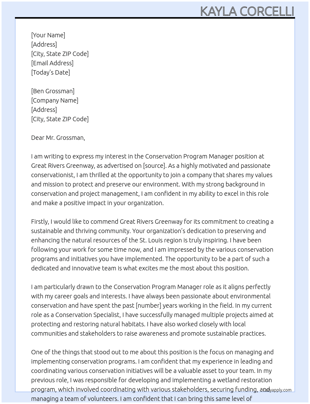 Conservation Program Manager At Great Rivers Greenway Cover Letter
