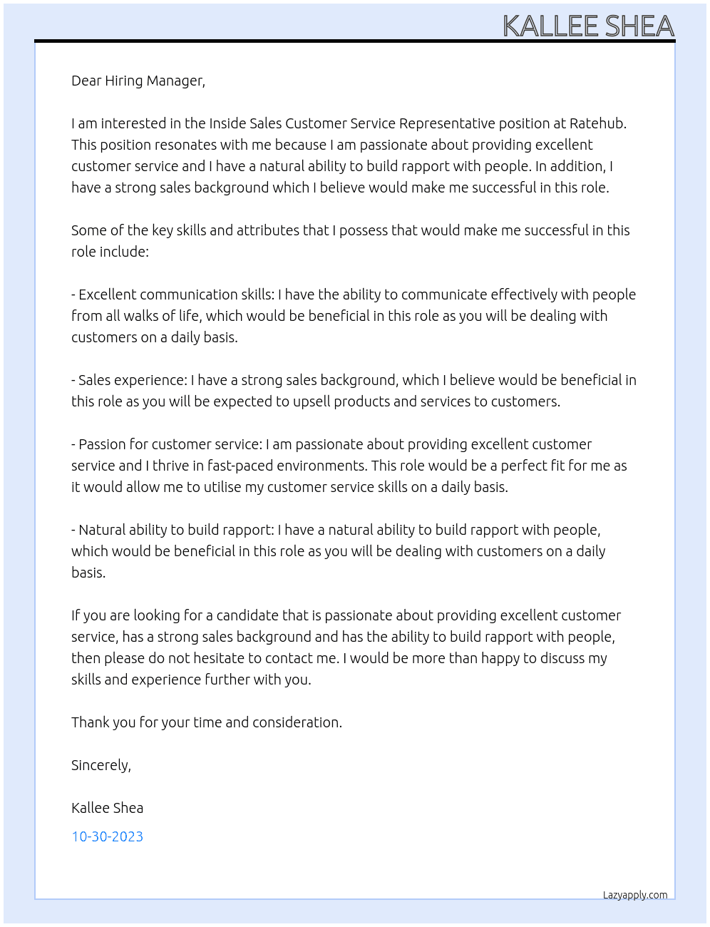 Inside Sales Customer Service Representative At Ratehub Cover Letter