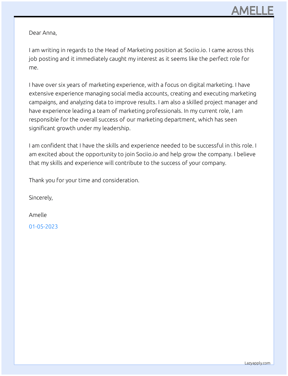 head of marketing At Sociio.io Cover Letter