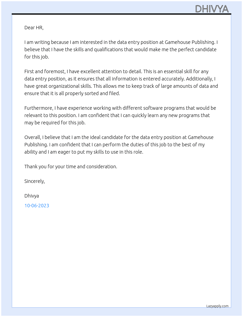 Data entry  At Gamehouse publishing  Cover Letter