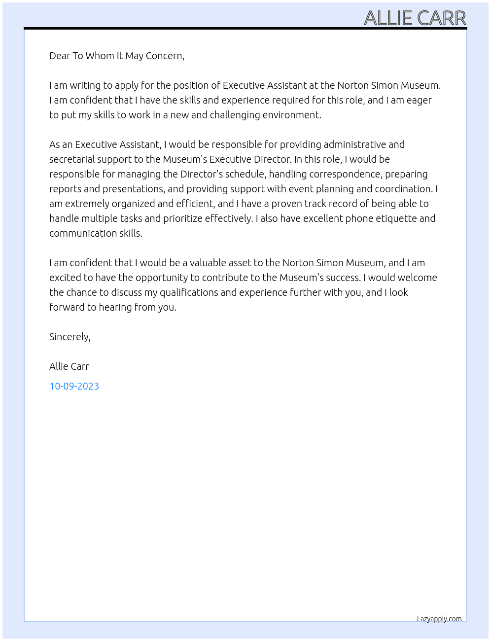 Executive Assistant At Norton Simon Museum Cover Letter