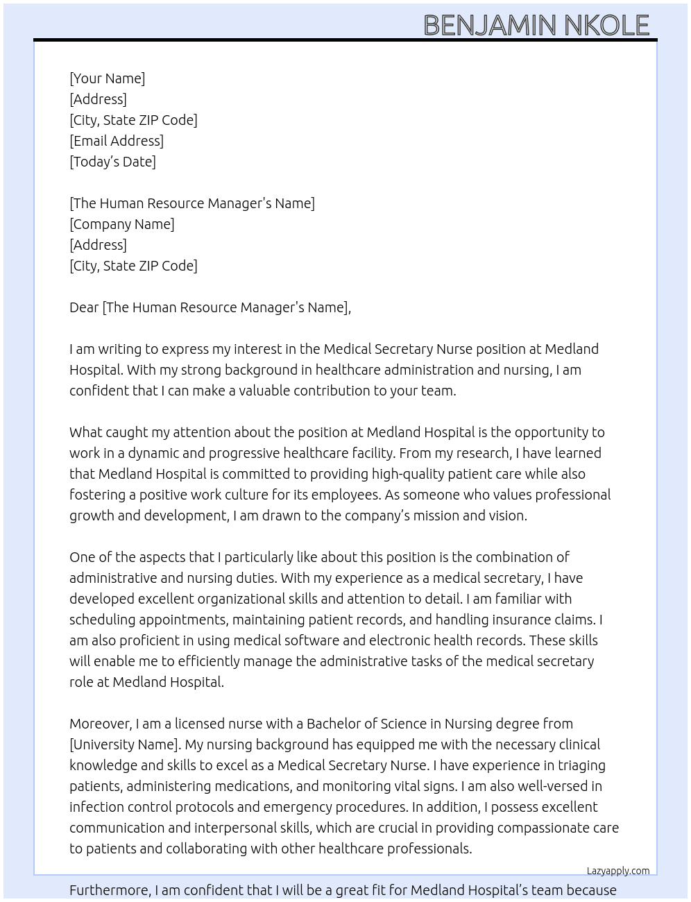 Medical Secretary Nurse At Medland Hospital Cover Letter
