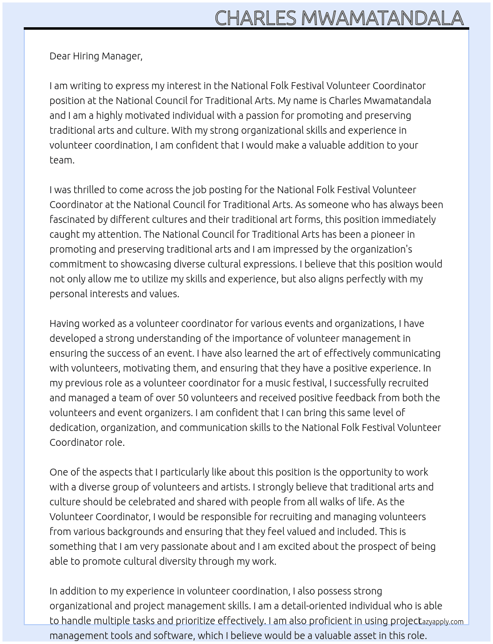 National Folk Festival Volunteer Coordinator  At National council for traditional arts  Cover Letter