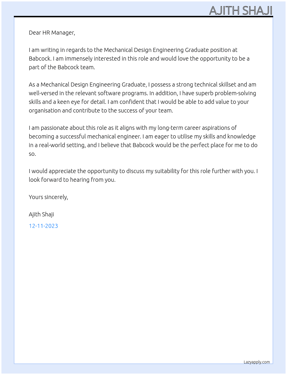 Mechanical Design Engineering Graduate  At Babcock Cover Letter