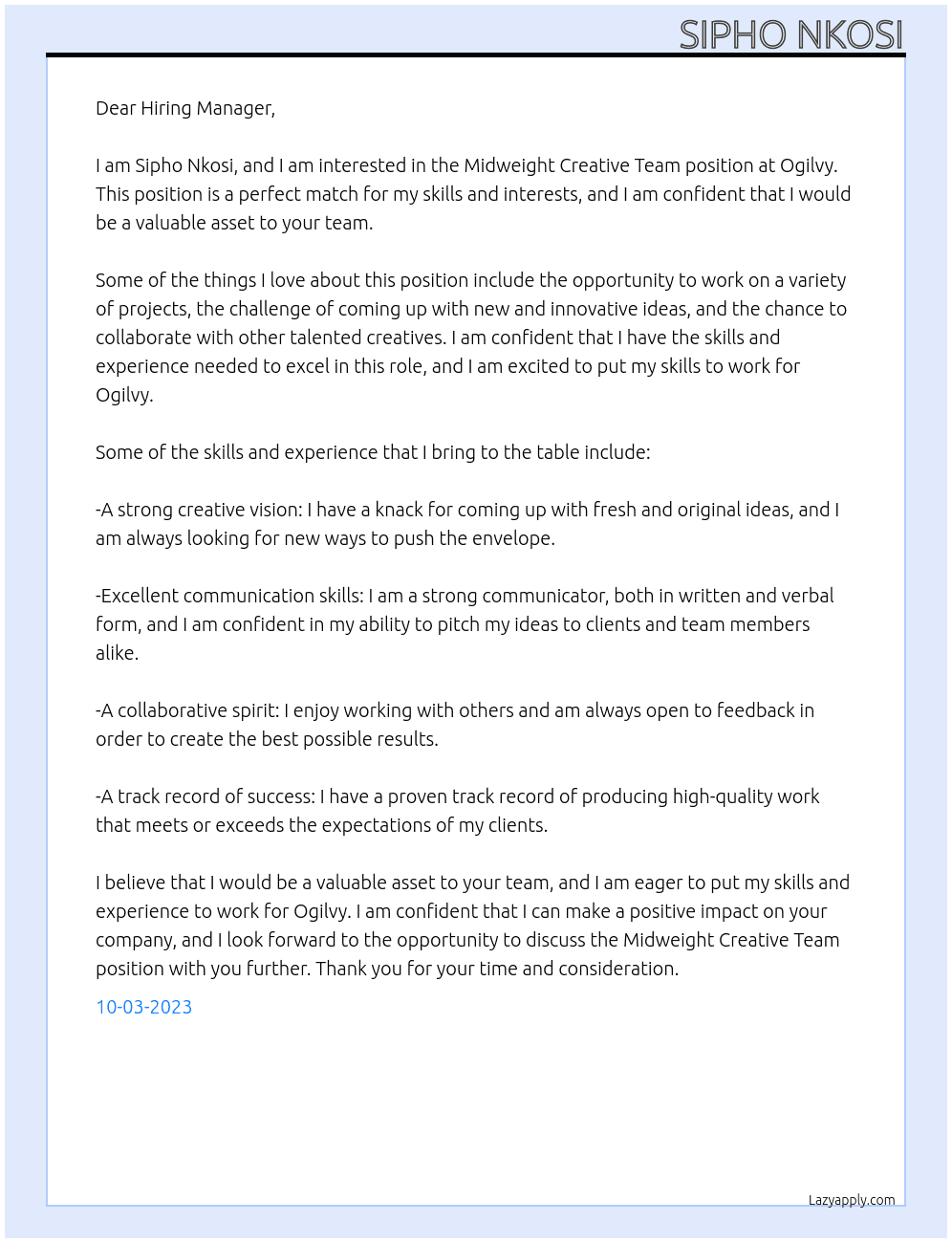Midweight Creative Team At Ogilvy Cover Letter