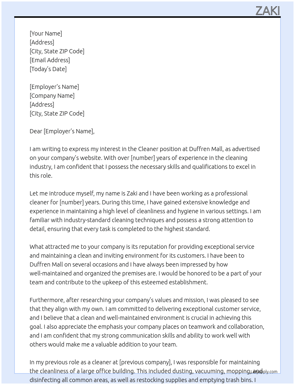 Cleaner At Duffren mall Cover Letter