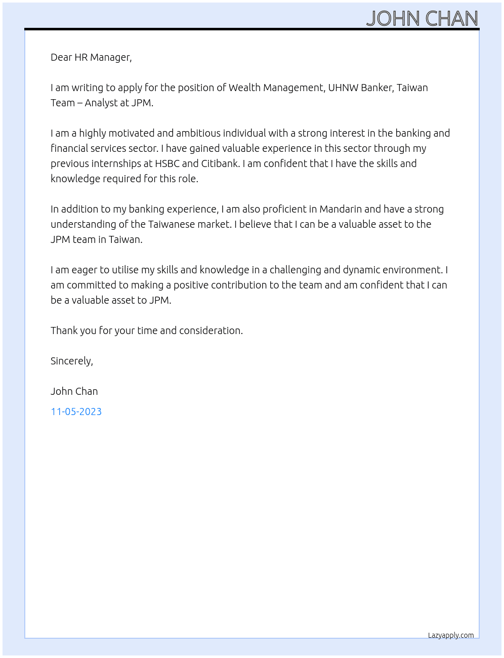  Wealth Management, UHNW Banker, Taiwan Team – Analyst At JPM Cover Letter