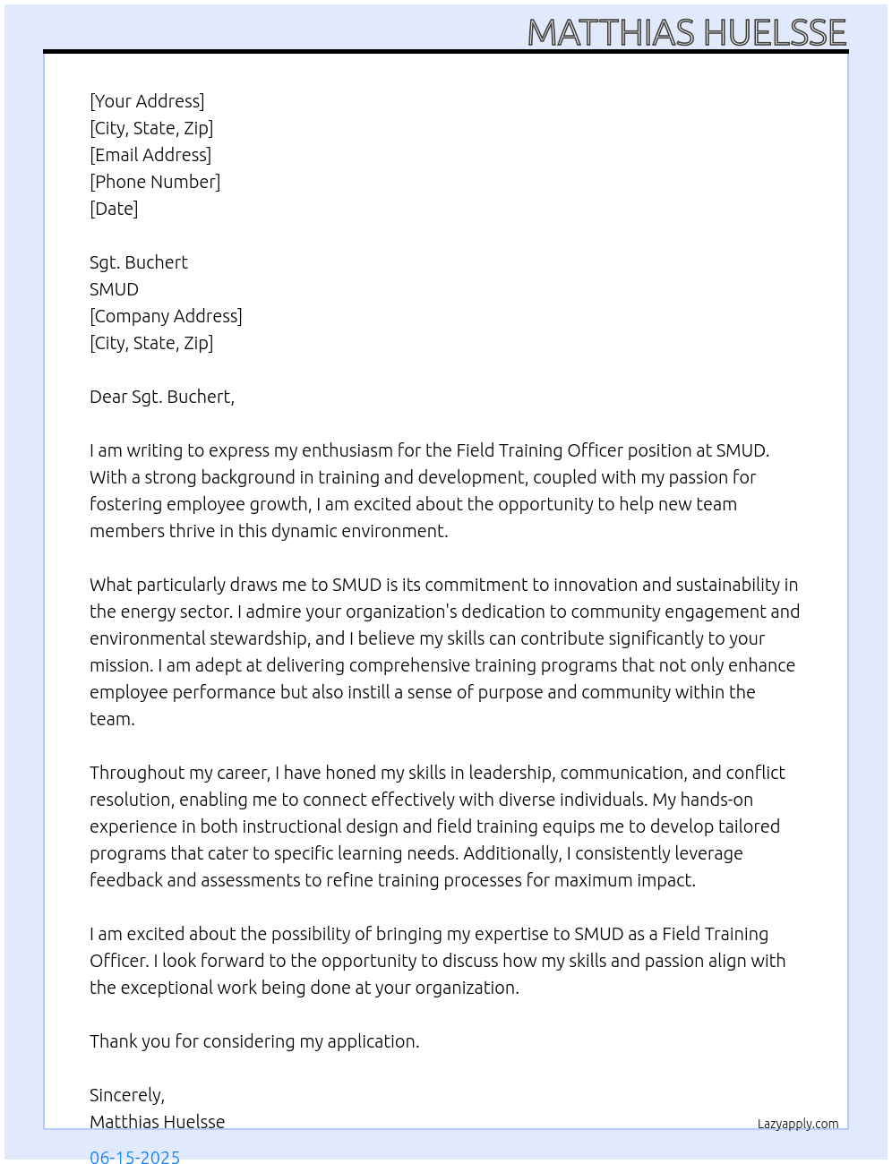 Field Training officer At SMUD Cover Letter