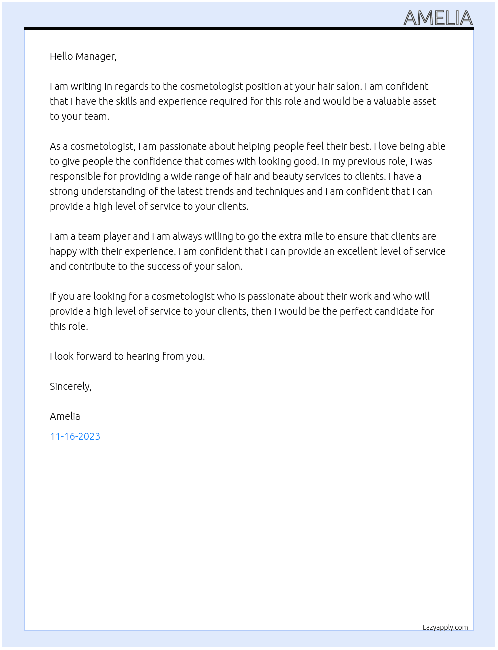 Cosmotoligist At Hair salon Cover Letter