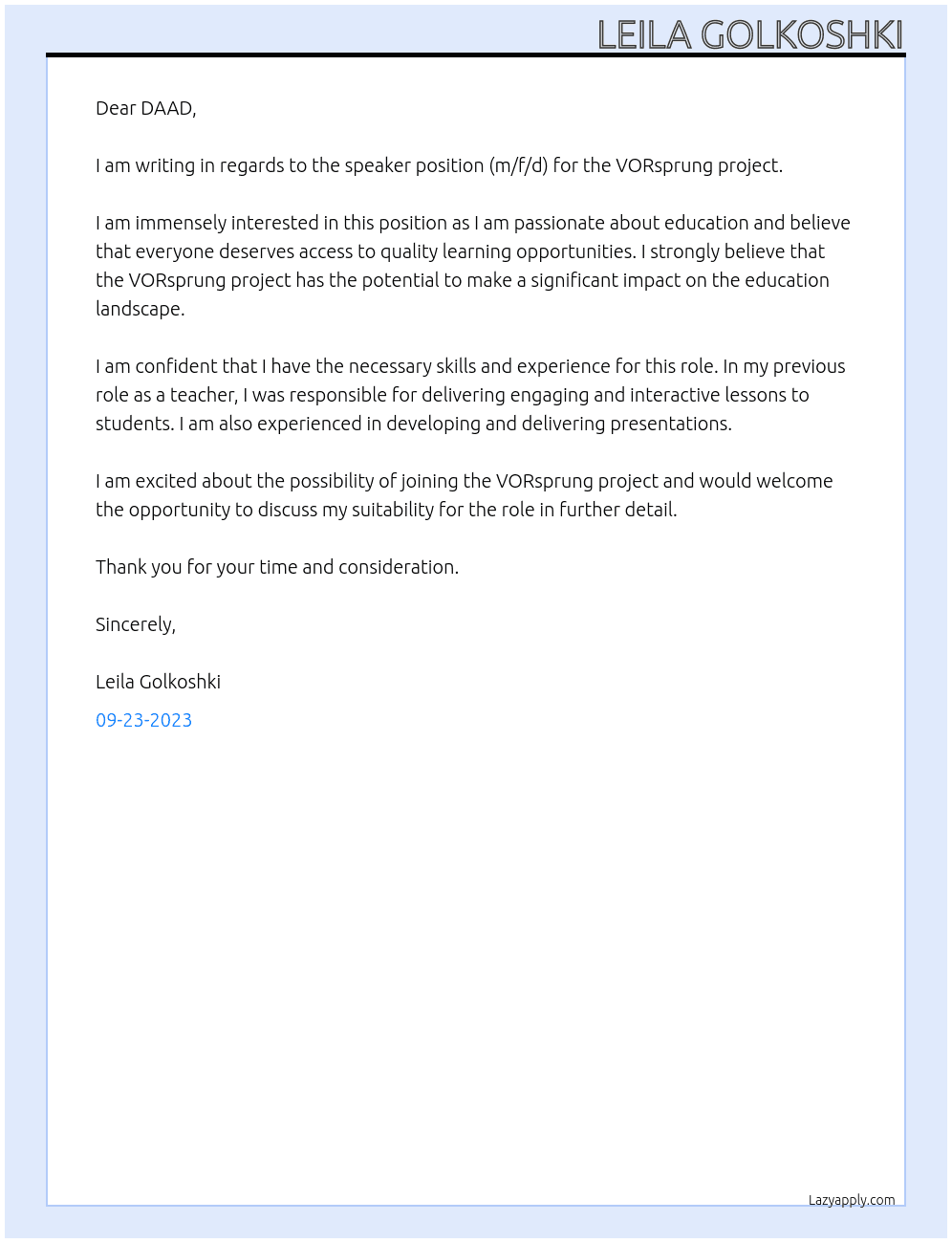 Speaker position (m/f/d) for the VORsprung project At DAAD Cover Letter