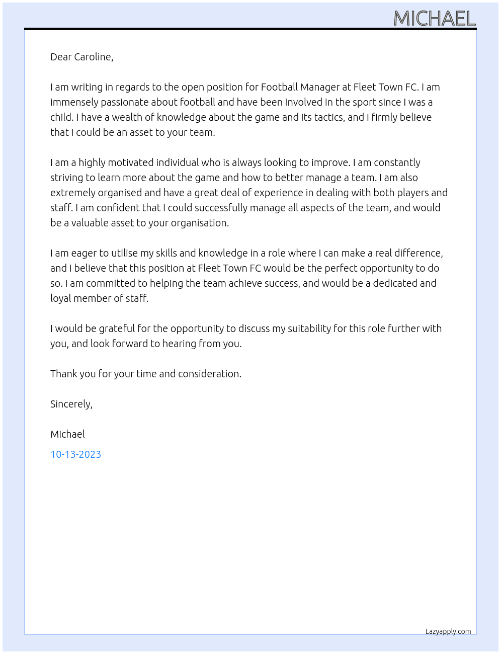 Football Manager At Fleet Town FC Cover Letter