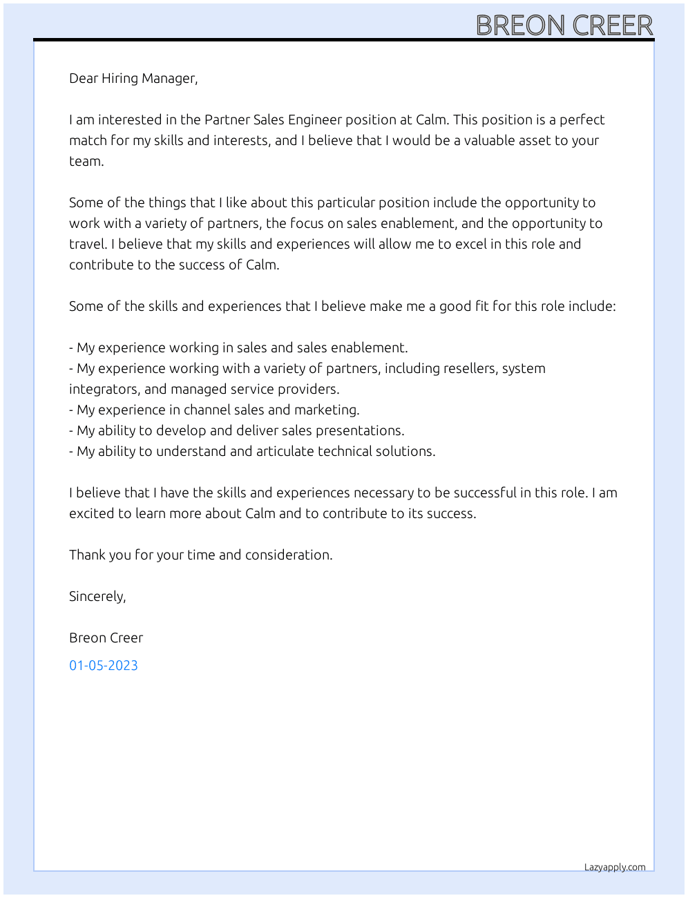 Partner Sales Engineer At Calm Cover Letter