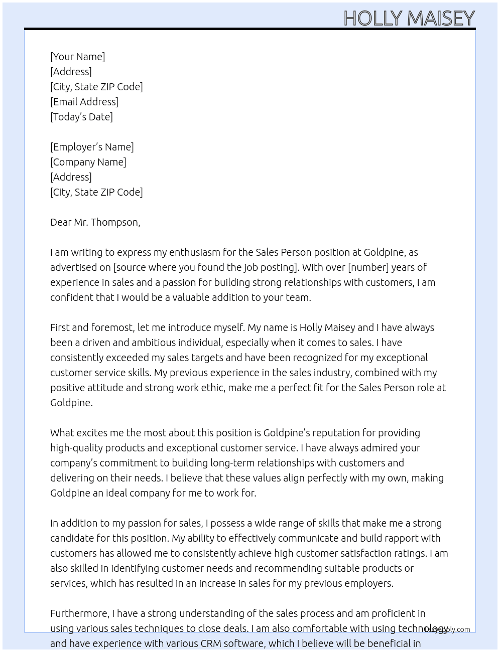 Sales person At Goldpine Cover Letter