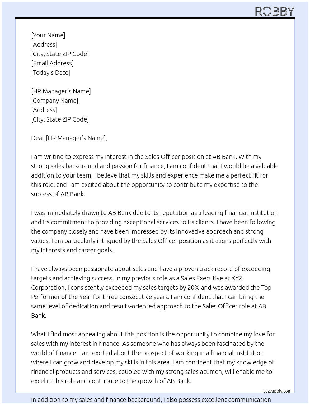 sales officer At AB Bank Cover Letter